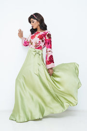 SILK & VELVET FLORAL DETAIL MAXI DRESS GREEN