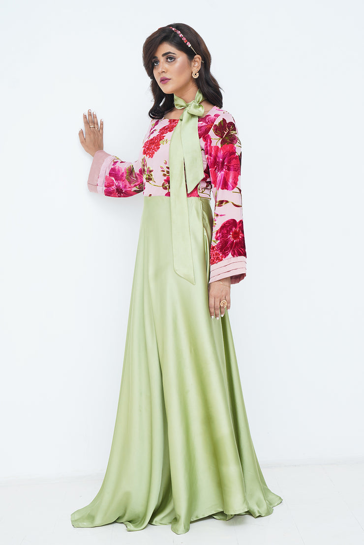 SILK & VELVET FLORAL DETAIL MAXI DRESS GREEN