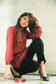 MAROON SILK TUNIC WITH ELEGANT FOLDS ON THE NECKLINE