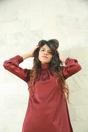 MAROON SILK TUNIC WITH ELEGANT FOLDS ON THE NECKLINE