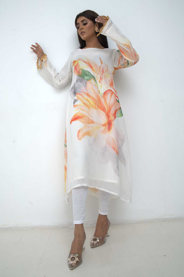 Large floral print dress White