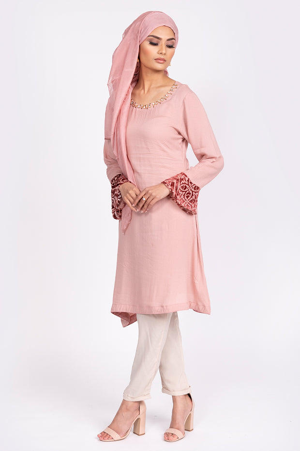 PINK VELVET BELL SLEEVE TOP WITH CRYSTAL EMBELLISHED NECKLINE