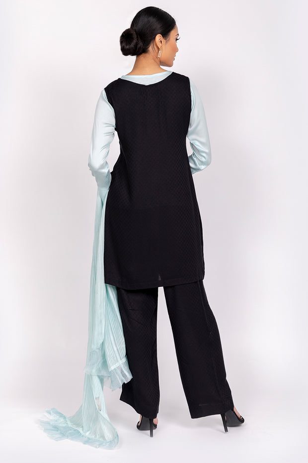 DUCK EGG SILK BLOUSE WITH SLEEVELESS BLACK TUNIC, TROUSERS AND CO-ORDINATING SCARF