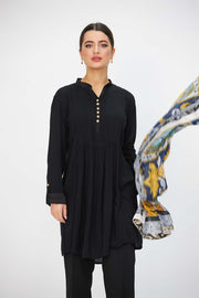 Black Linen Pleated Midi Dress