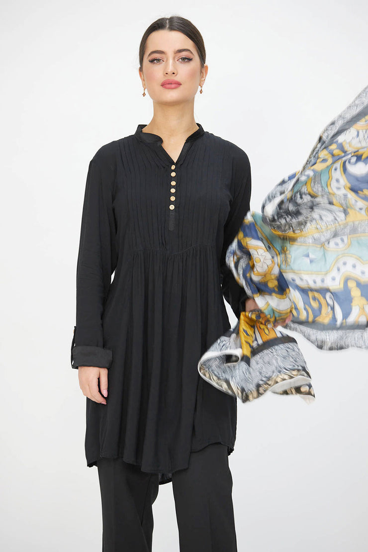 Black Linen Pleated Midi Dress